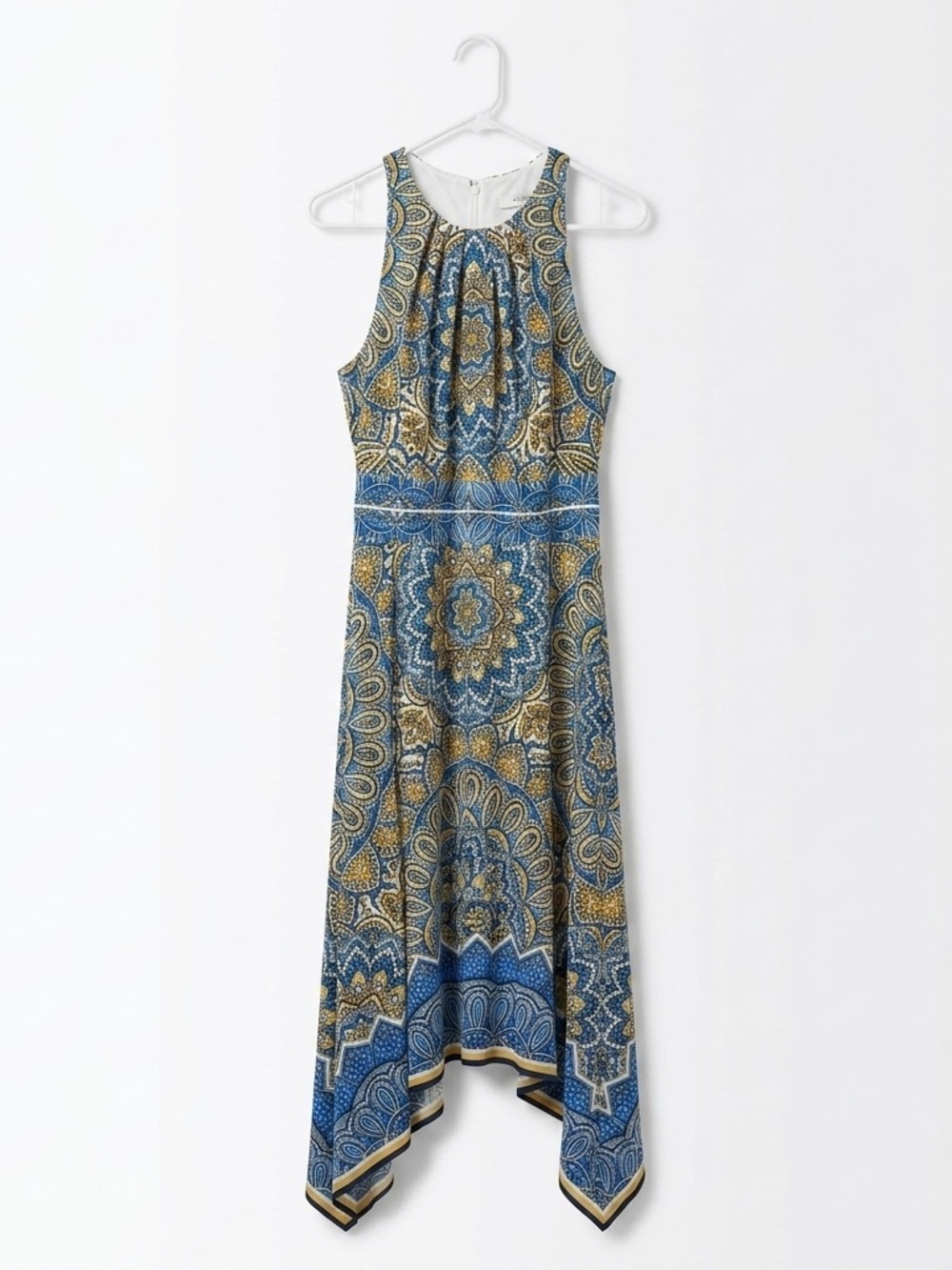 Wisp High-Low Halter Paisley Dress in Blue and Gold